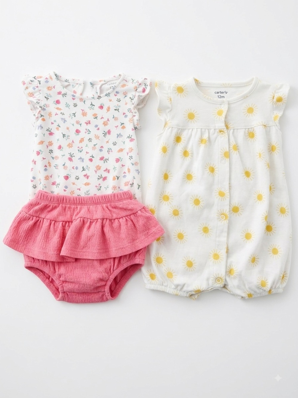 Carter's White Sun Romper and Pink Floral bodysuit with ruffle bloomer